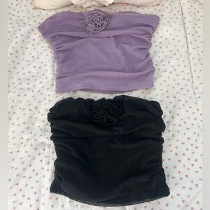 Purple and Black Strapless Tops with Floral Detail
